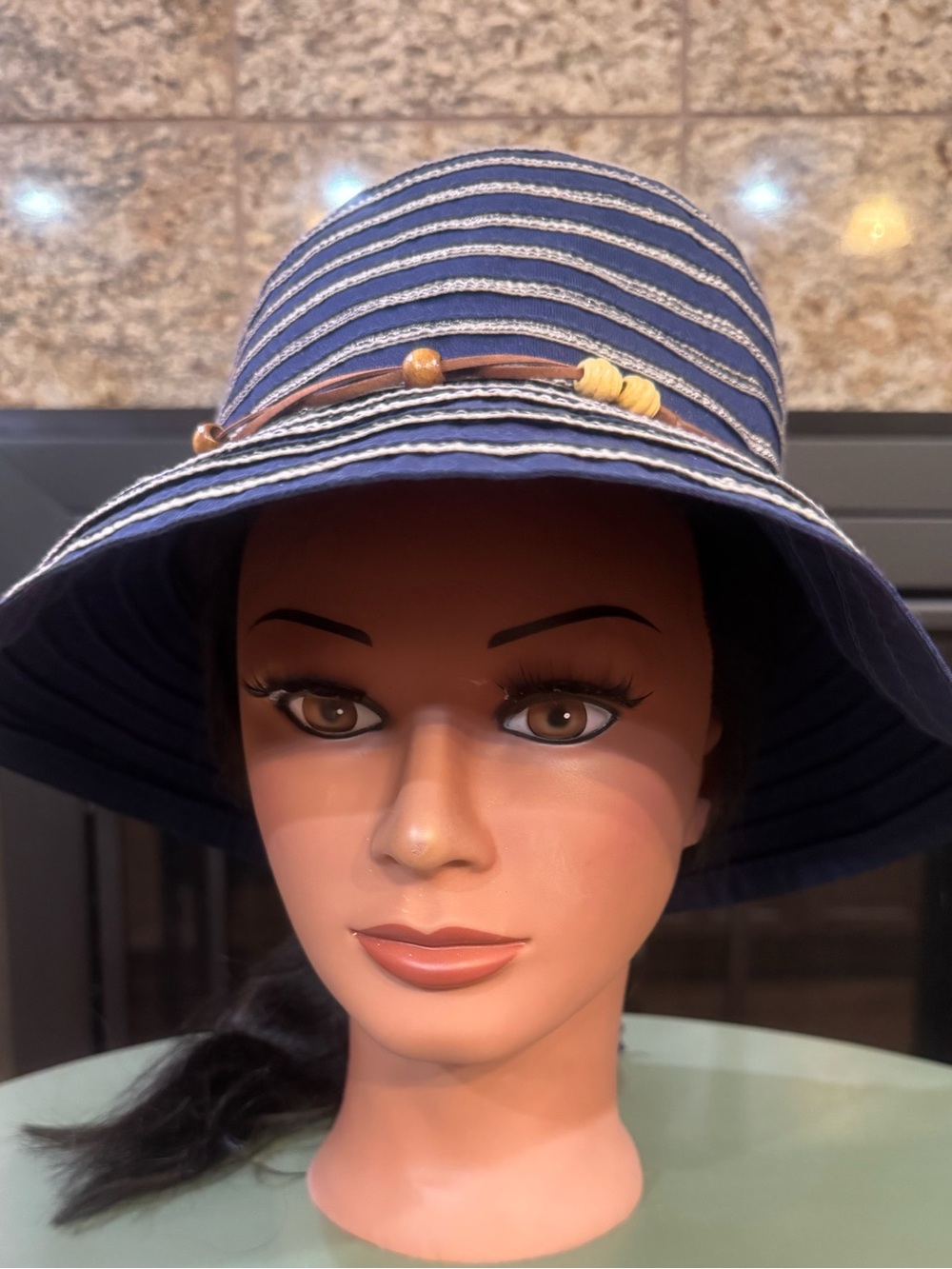 NWOT-Navy Striped Wide-Brim Sun Hat with Decorative Beads👒👒👒☀️☀️☀️‼️